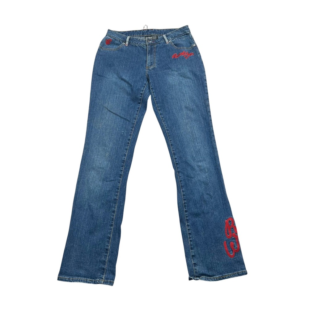 Rocawear Jeans Women 5/6 Blue Embroidered Logo Flare Leg Y2K Denim Pants